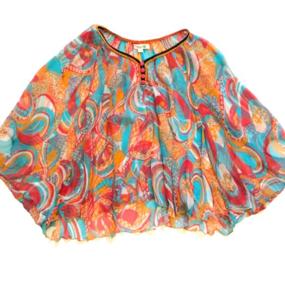Poupette St Barth Poncho Blouse Top Shirt Womens OS Orange Blue Sheer VNeck Silk - Picture 1 of 11